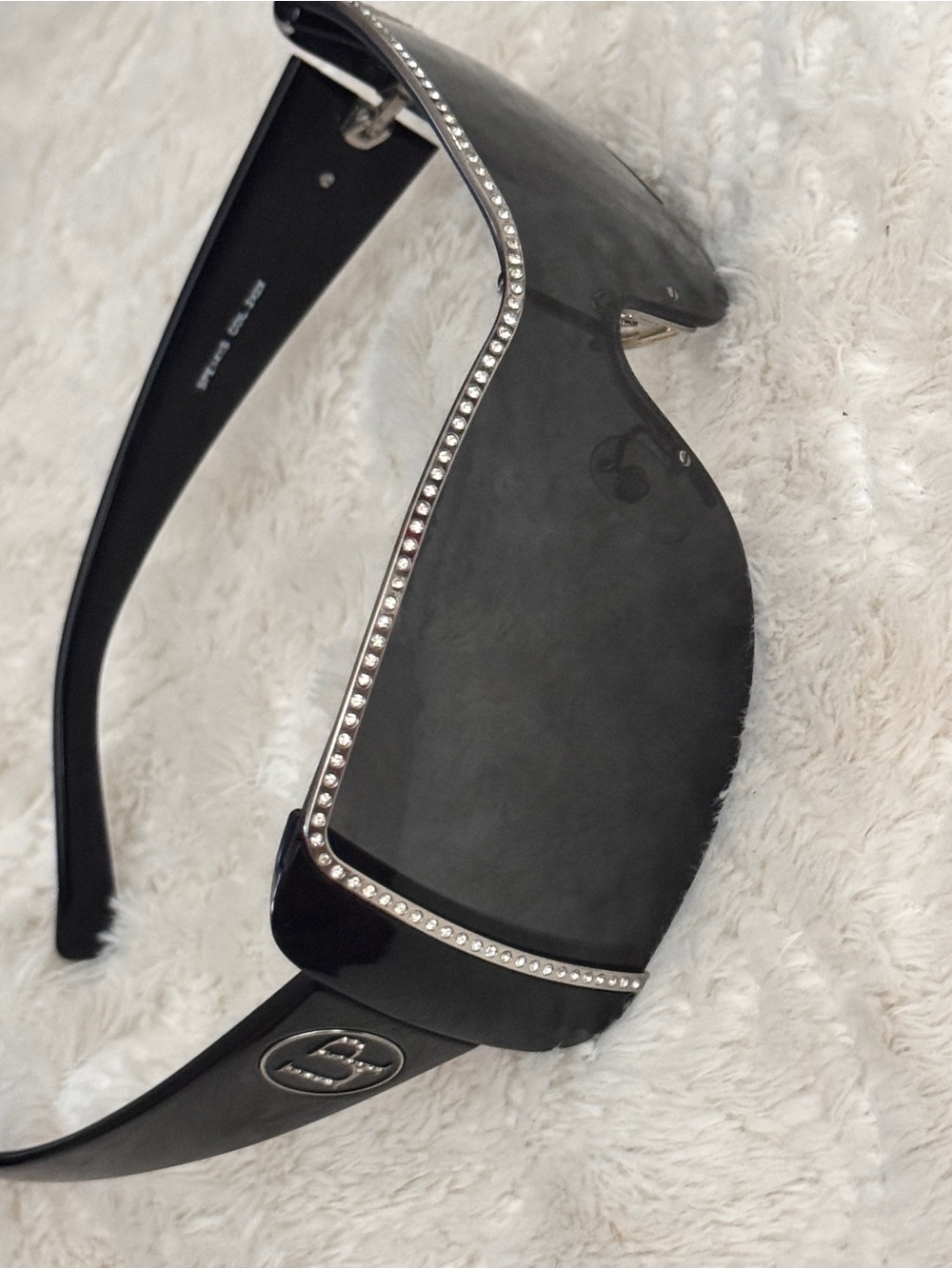 Authentic La Perla Black Shield Sunglasses with Rhinestone Embellishment